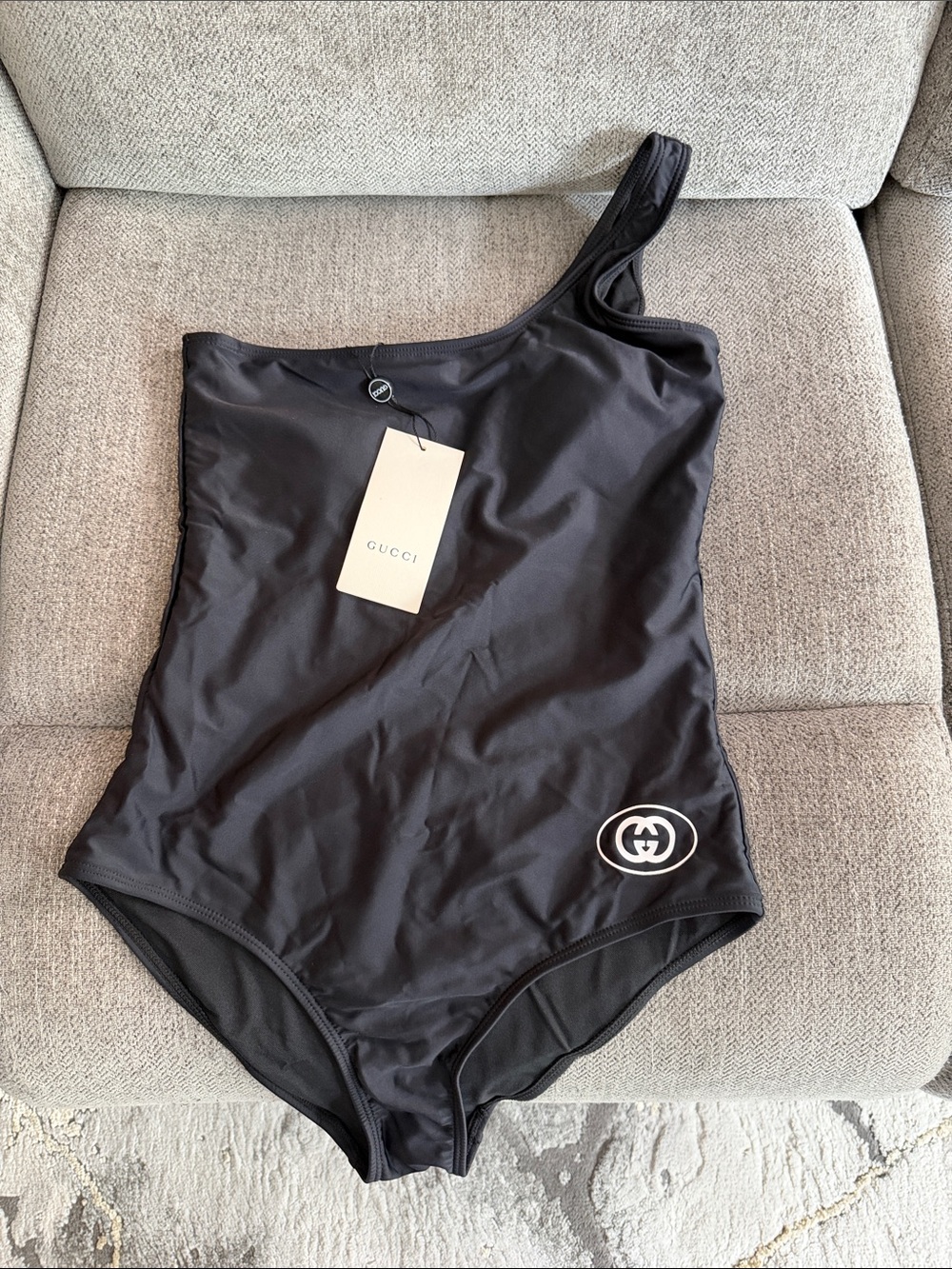 Gucci Black One-Shoulder Logo One-Piece Swimsuit